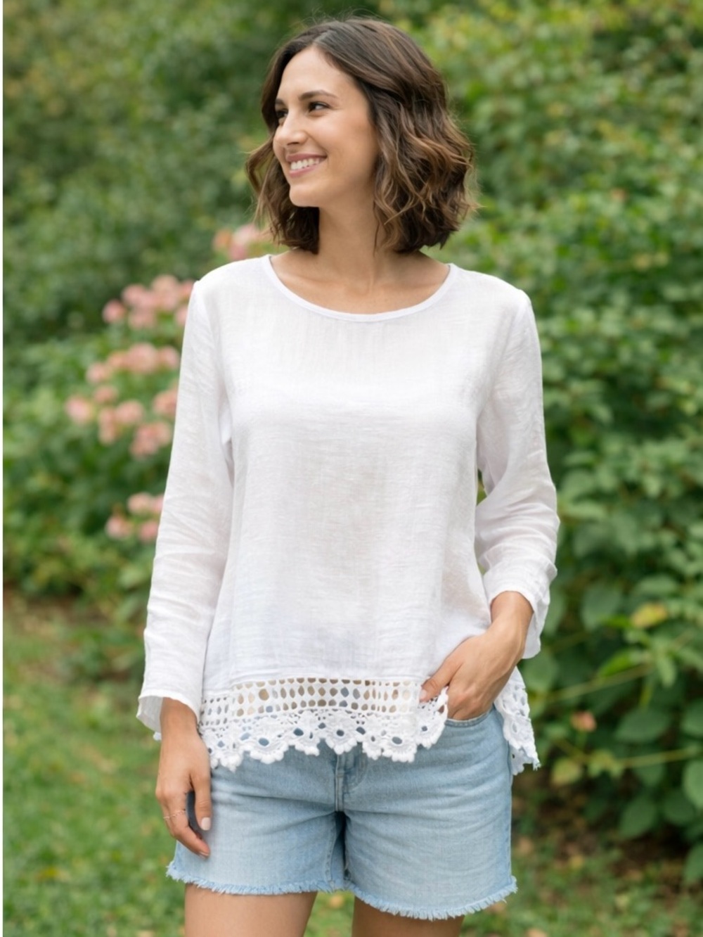 Terzo Millennio 100% Linen Top White Crochet Hem Long Sleeve Made in Italy Sz L - Picture 2 of 6
